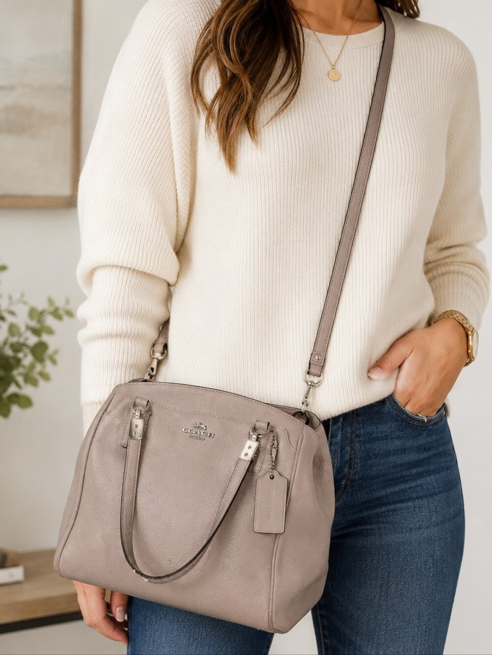 Coach Mini Christie Carryall Leather Satchel Crossbody Bag Taupe